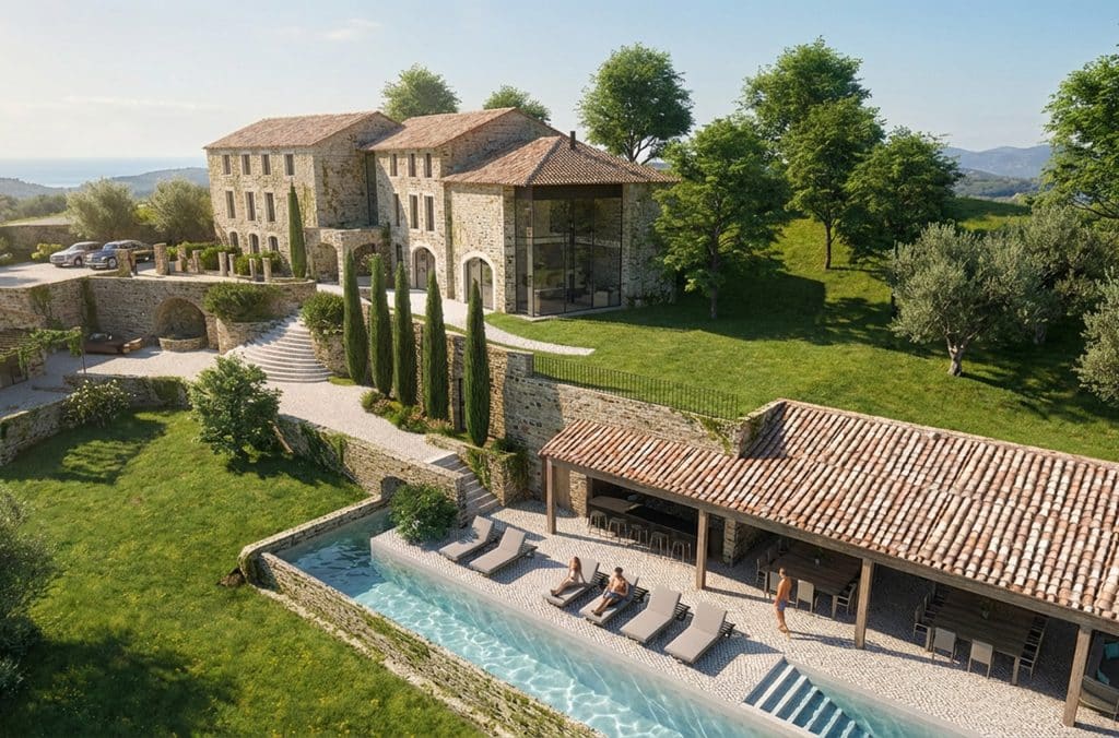 Grand manoir en pierre avec patio, piscine et personnes se relaxant, situé sur une colline verdoyante dominant la mer, avec voitures garées à l'entrée.