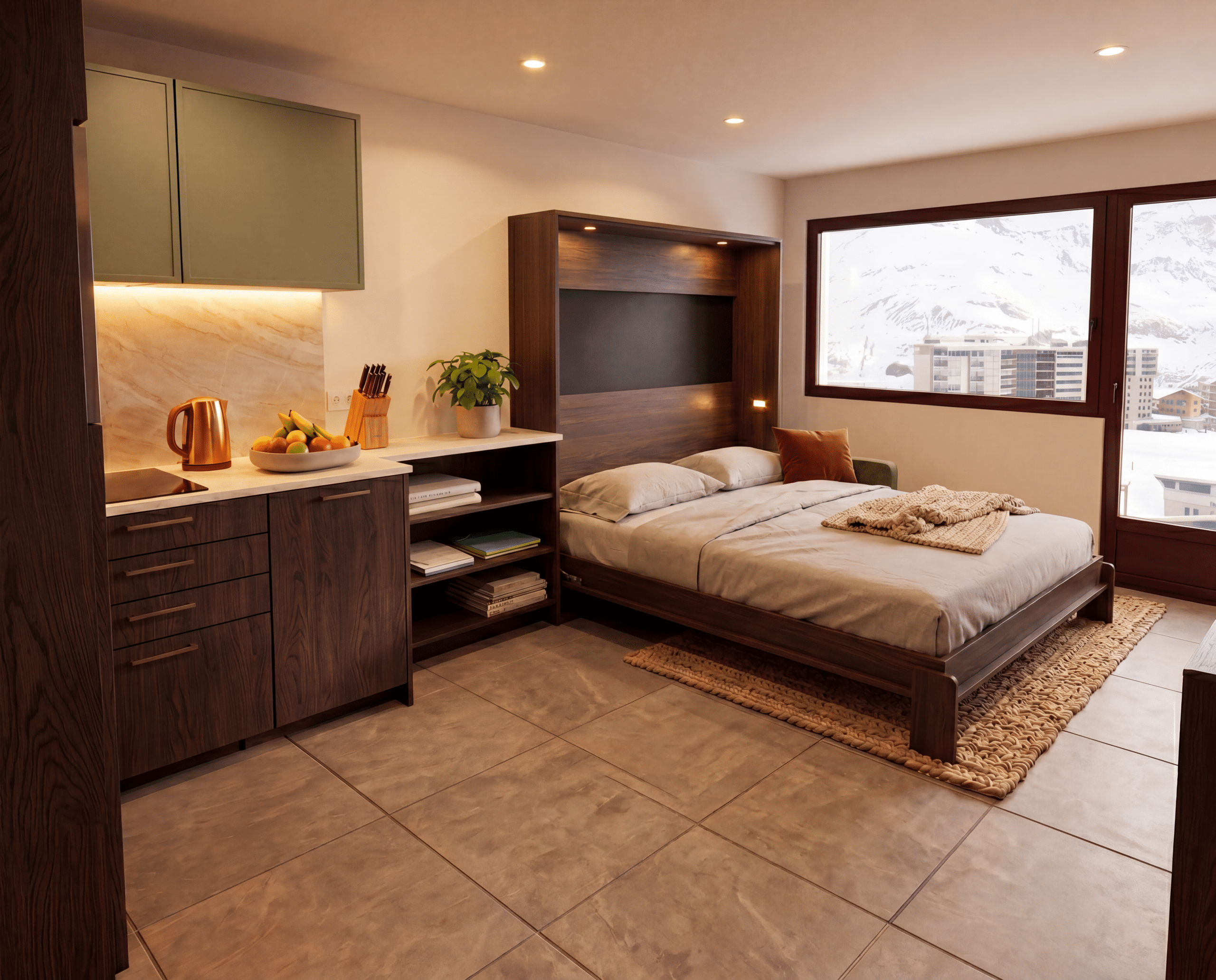 Un studio moderne combine une cuisine équipée et un lit. Une grande fenêtre offre une vue sur des montagnes enneigées et des bâtiments, dans une ambiance chaleureuse.