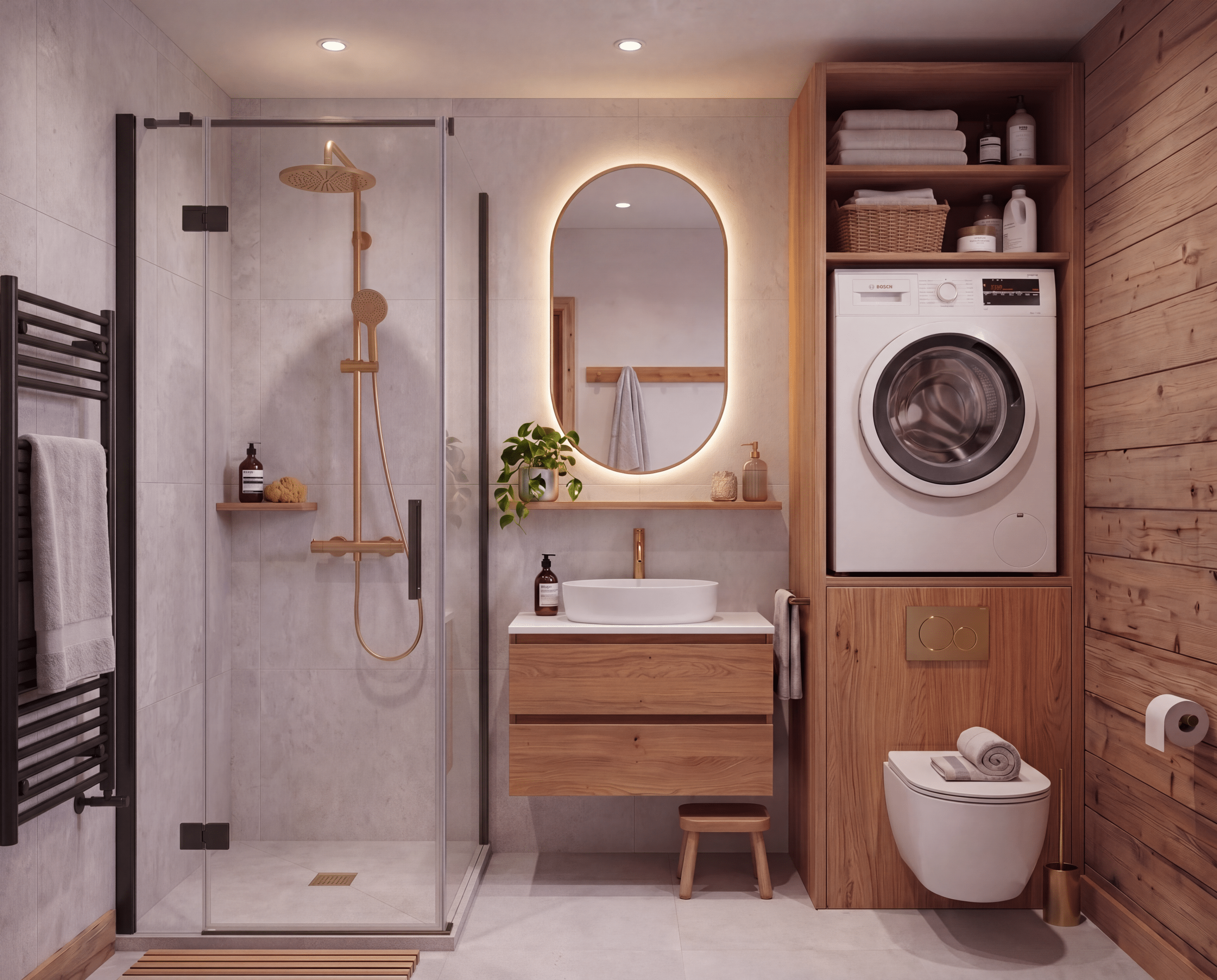 Salle de bain moderne avec douche vitrée, meuble-lavabo en bois, miroir rétroéclairé, et machine à laver BOSCH intégrée dans des rangements. Murs carrelés gris et à lattes de bois.