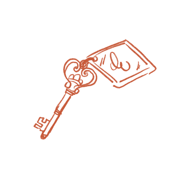 Une clé ornée de style ancien est attachée à une étiquette rectangulaire, le tout dessiné en lignes orange texturées sur fond blanc. Texte sur l'étiquette : "du".