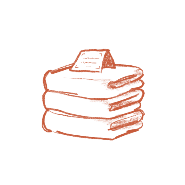 Une pile de trois articles (vêtements ou serviettes) est surmontée d'une étiquette pliée avec du texte stylisé illisible. Le tout est un dessin au trait orange-rouge sur fond blanc.
