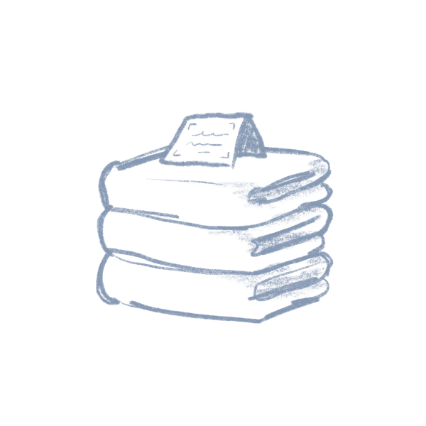 Une pile de trois tissus pliés, possiblement serviettes, est surmontée d'une petite note ou étiquette debout avec des marques illisibles. Dessin au trait simple en bleu.