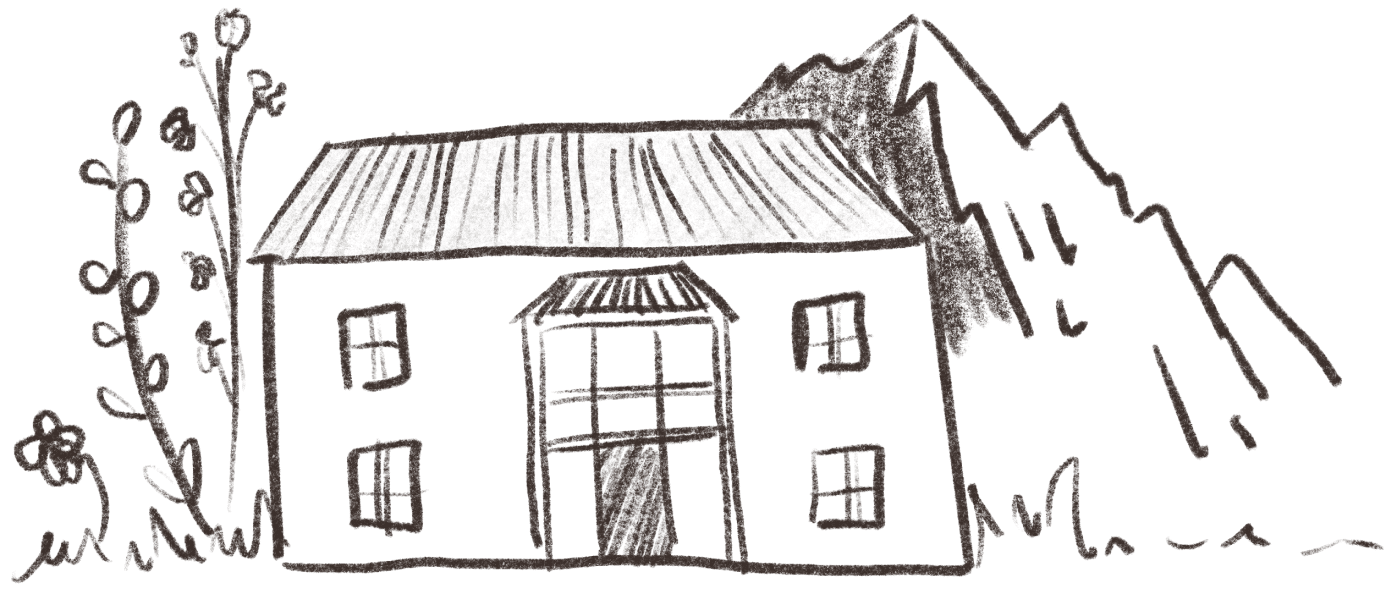 Une maison simple se dresse avec quatre fenêtres et un porche central, entourée de végétation crayonnée sur la gauche et de montagnes à l'arrière-plan.