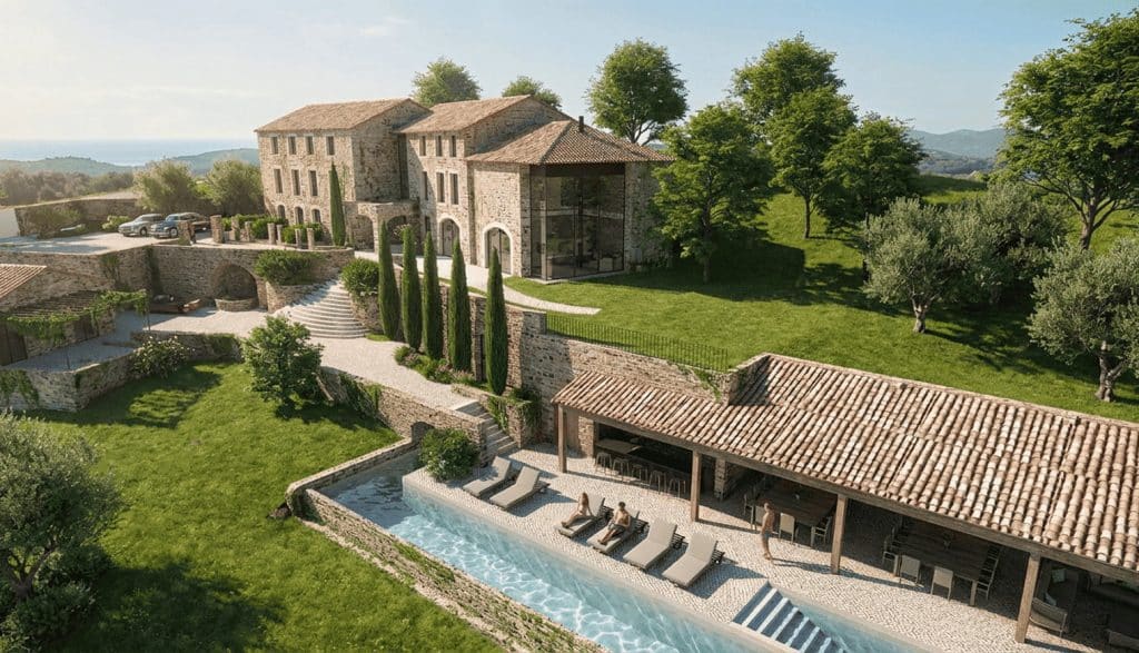 Grande villa en pierre sur plusieurs niveaux, avec piscine où se détendent des personnes. Le domaine est entouré de pelouses, cyprès et oliviers, dominant collines verdoyantes et mer lointaine.