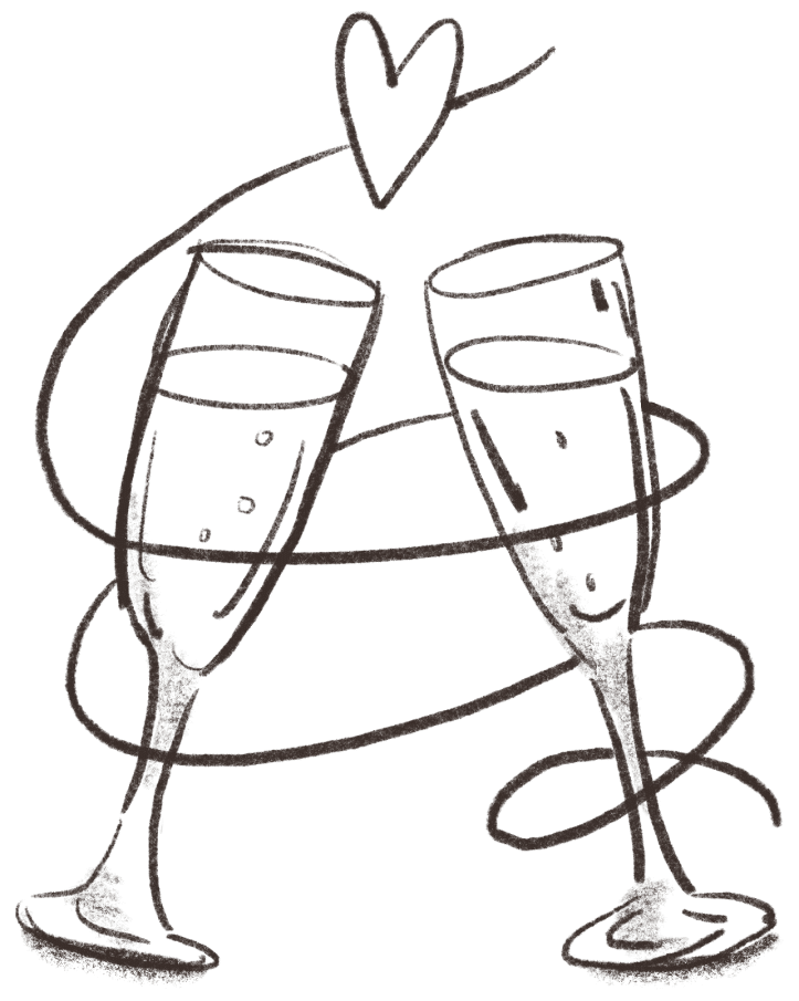 Deux flûtes à champagne, remplies de bulles, se font face, comme pour un toast. Un trait sinueux les entoure, avec un petit cœur flottant au-dessus, le tout dans un style esquissé.