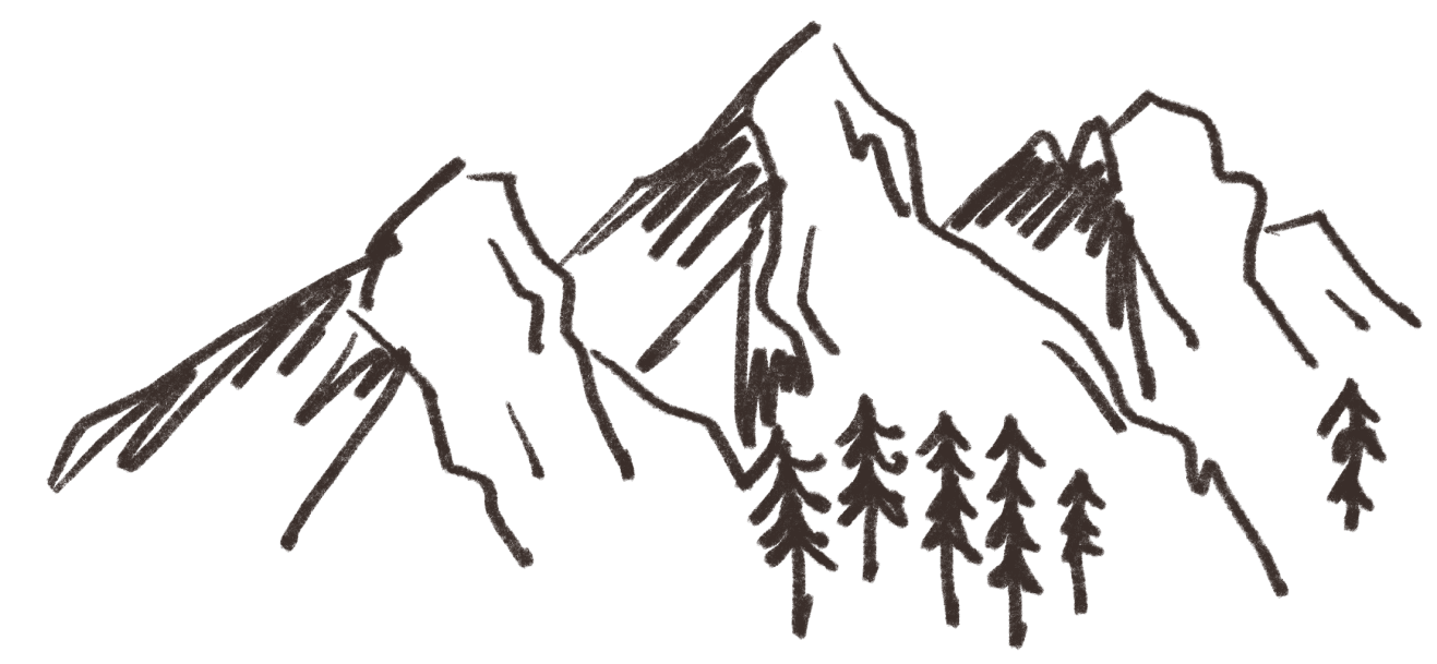 Des montagnes aux pics acérés s'élèvent, tandis que des sapins se dressent à leur base. Le dessin, stylisé et en traits marron sur fond blanc, illustre un paysage montagneux.