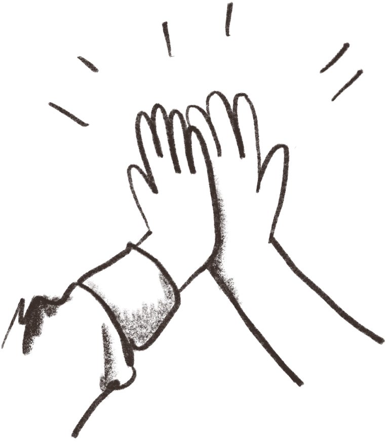 Deux mains esquissées en noir se donnent un high-five. Des traits d'énergie autour des paumes suggèrent l'impact, le tout sur un fond blanc uni.