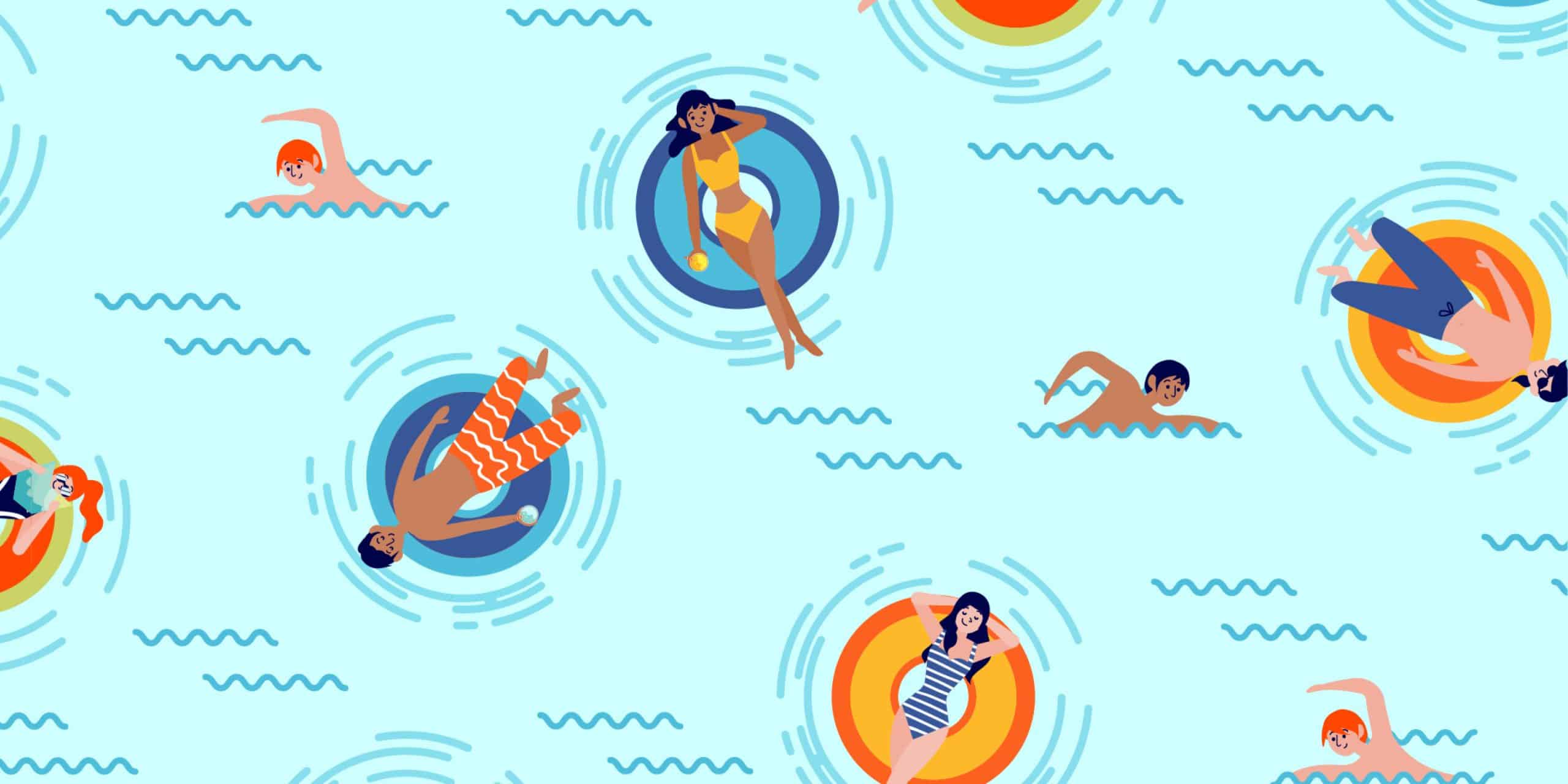 Plusieurs personnes nagent ou flottent sur des bouées colorées dans une eau stylisée bleu clair, parsemée de vagues ondulées.