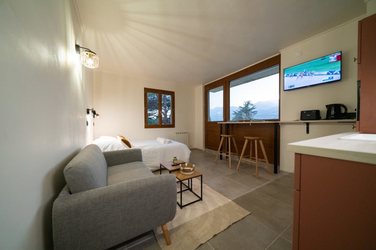 Un studio moderne présente un lit, un canapé gris, et une cuisine avec télévision. La pièce offre une vue sur les montagnes par de grandes fenêtres, agrémentée d'un bar avec tabourets.