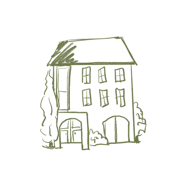 Un bâtiment de trois étages, dessiné en lignes vert olive avec un toit, six fenêtres et deux entrées cintrées, entouré d'arbres et buissons stylisés.