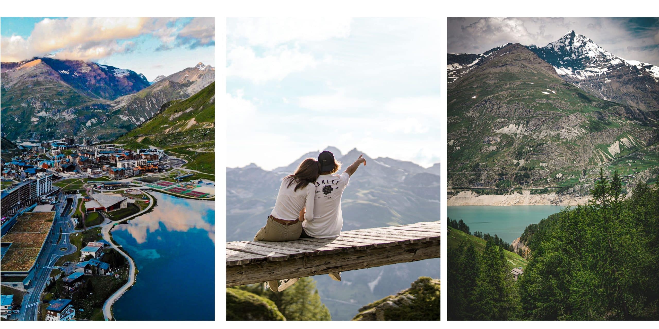 Trois vues de montagne : un village alpin et son lac miroir, un couple sur un ponton observant l'horizon (t-shirt "OAKLEY FACTORY PILOT"), et un lac turquoise sous un pic enneigé. Paysages alpins majestueux.