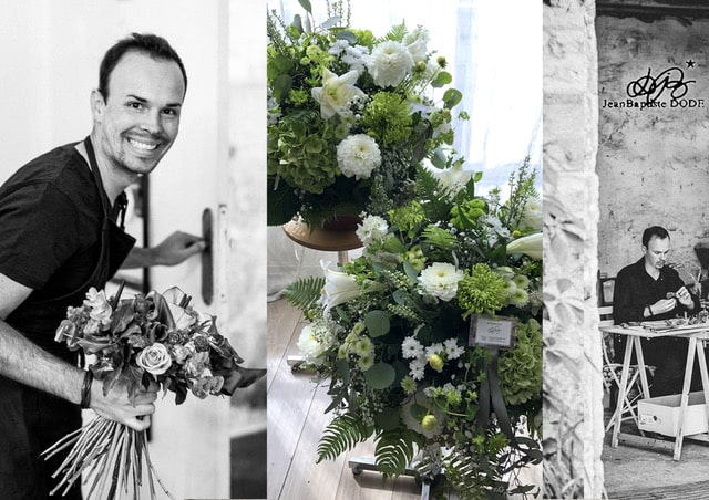 Triptyque : un homme souriant avec un bouquet, des arrangements floraux verts et blancs, et le même homme travaillant à une table rustique en noir et blanc. Texte : Northern Bloom.