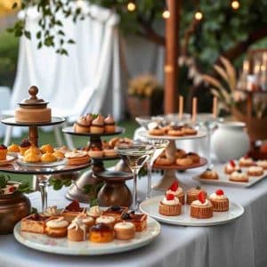 Un buffet de desserts variés est présenté sur une table blanche, en extérieur, lors d'un événement festif illuminé par des lumières tamisées.