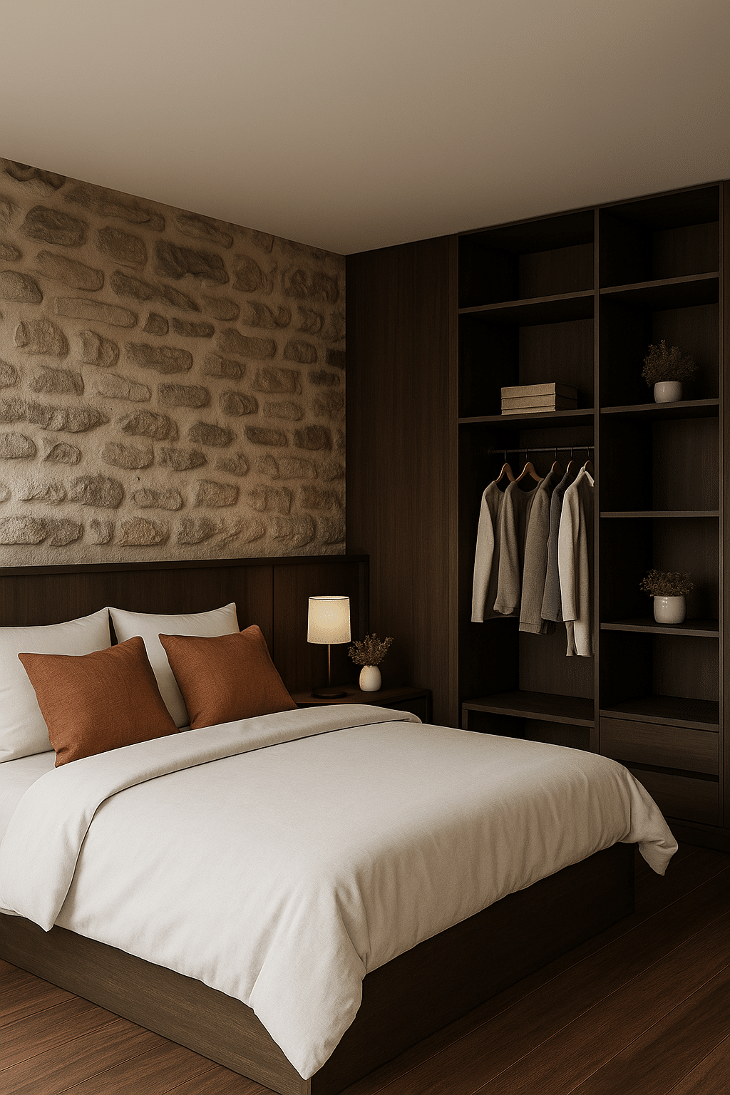 Lit double dressé de blanc et d'orangé. Dans une chambre aux murs de pierre, avec armoire ouverte en bois foncé contenant vêtements et plantes, et une lampe de chevet allumée.