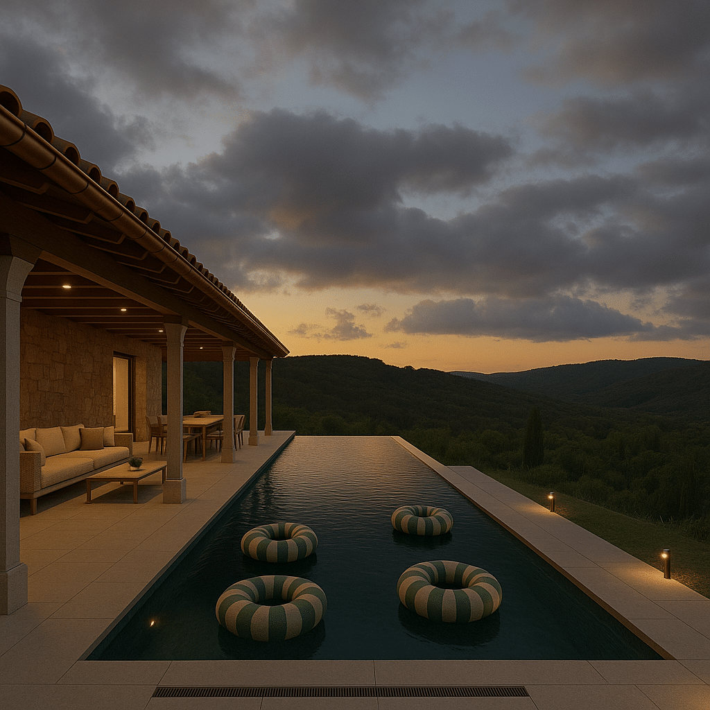 Quatre bouées rayées flottent sur la piscine à débordement d'une villa en pierre. La terrasse aménagée donne sur une vallée boisée au coucher du soleil, sous un ciel nuageux.