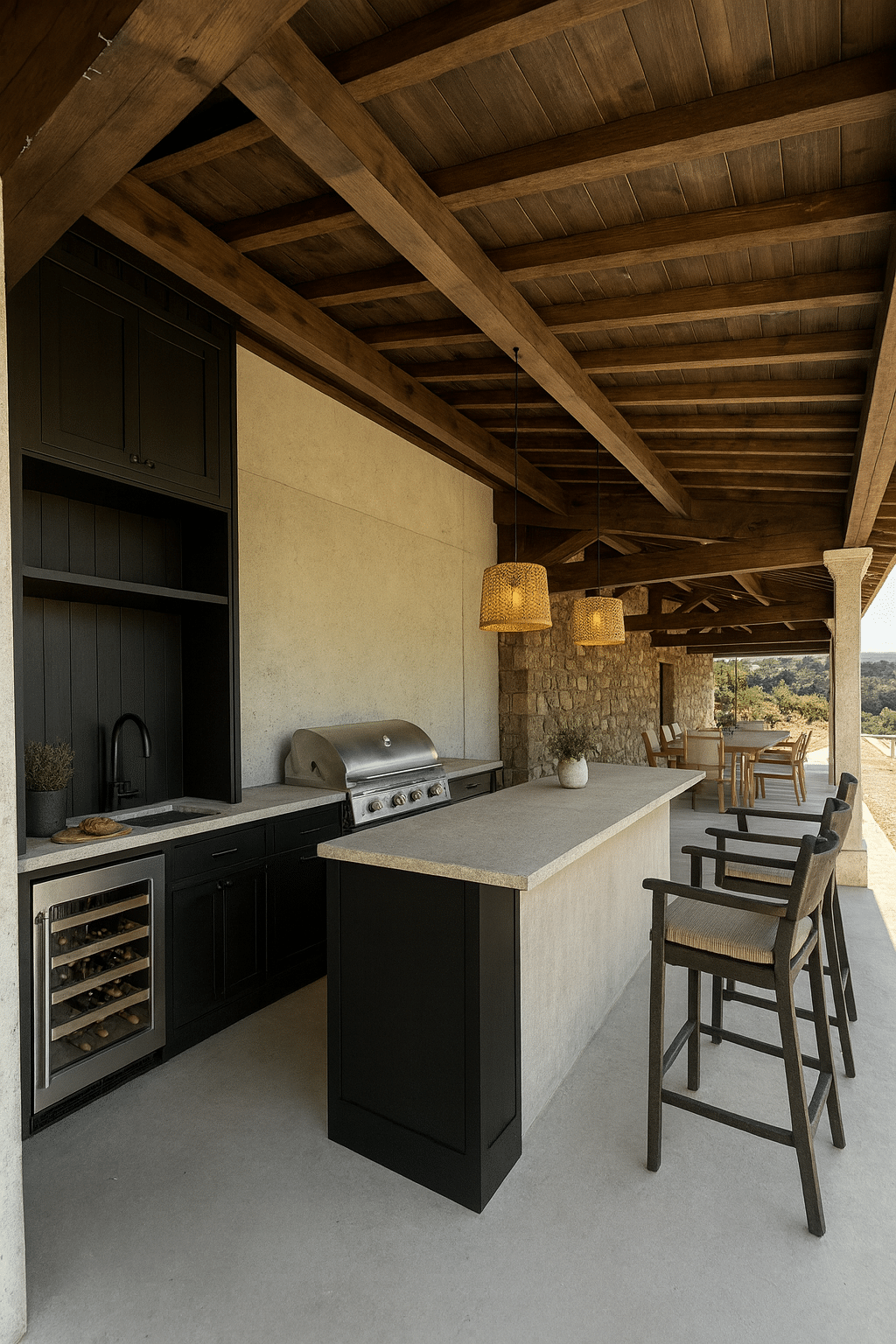Cuisine d'extérieur moderne (grill, évier, cave à vin) et îlot-bar, sur une terrasse sous plafond à poutres bois. Elle surplombe un paysage naturel.