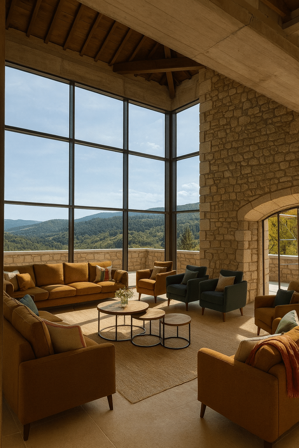 Salon spacieux meublé de canapés et fauteuils bruns, donnant sur un paysage montagneux boisé à travers d'immenses baies vitrées dans un bâtiment aux murs de pierre et plafond en bois.