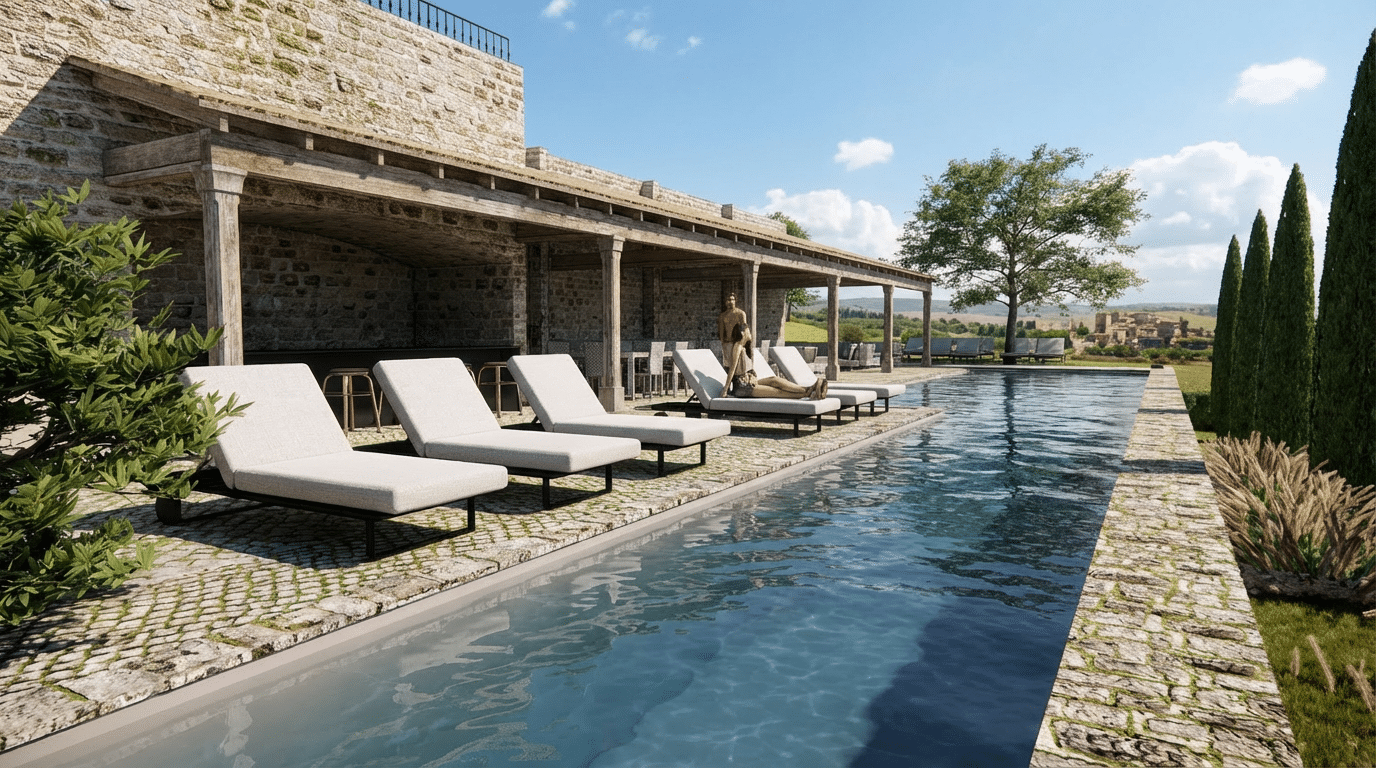 Une piscine rectangulaire est bordée de chaises longues et d'une terrasse en pierre. Des figures s'y reposent sous un patio d'un bâtiment ancien, dominant une campagne verdoyante.
