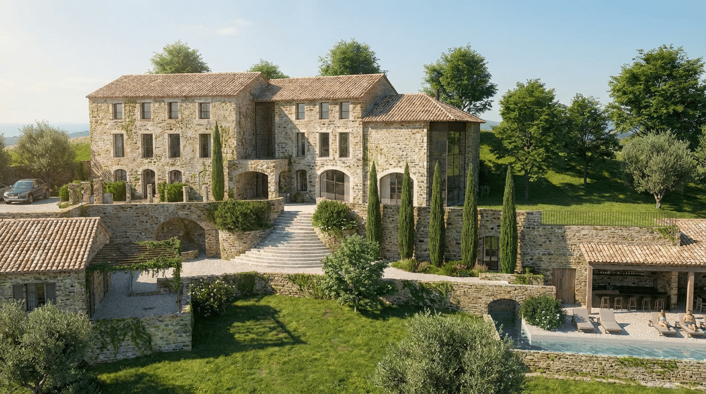 Grande bastide en pierre s'étendant sur des terrasses paysagées avec cyprès, oliviers, pelouses verdoyantes et piscine, sous un ciel bleu dégagé.