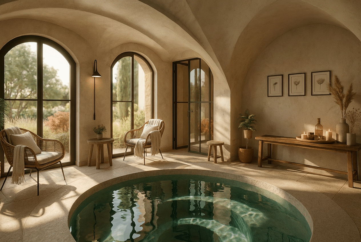 Jacuzzi circulaire intégré dans une pièce voûtée aux tons doux. De grandes fenêtres arquées donnent sur un jardin. Fauteuils en osier et console avec bougies créent une ambiance spa relaxante.