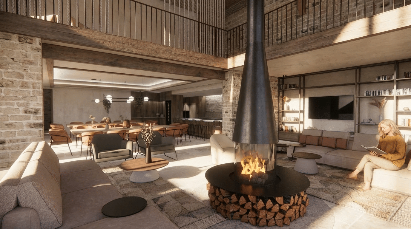 Une femme lit près d'une cheminée à bois centrale. Le vaste espace comprend un salon-salle à manger, une mezzanine, des murs en pierre et des poutres.