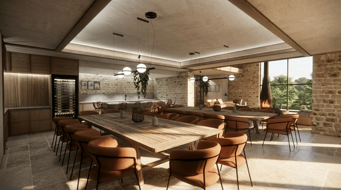 Salle à manger spacieuse meublée de deux longues tables en bois et chaises orange. Murs en briques, cheminée moderne, baies vitrées sur la verdure, cuisine ouverte et cave à vin.
