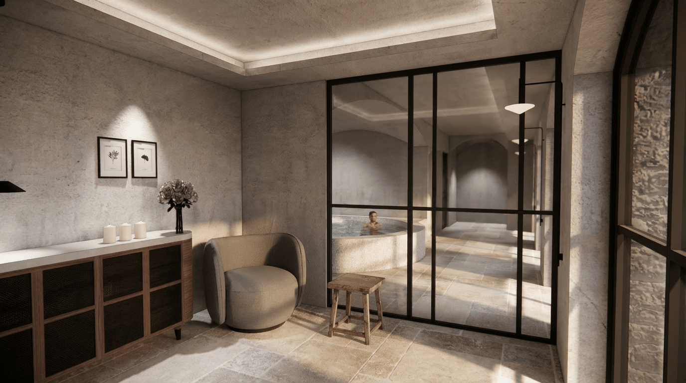 Une personne se détend dans un bain rond, visible à travers une paroi vitrée. Un fauteuil et un meuble bas complètent cette salle de spa moderne aux murs bruts.
