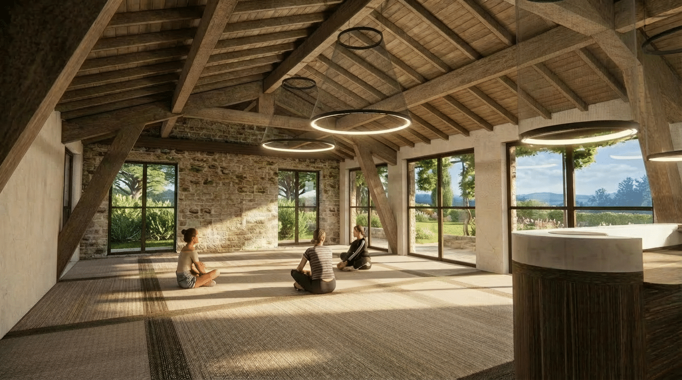 Trois femmes méditent en tailleur sur un tapis dans une salle rustique. Plafond bois, murs de pierre, grandes fenêtres sur un paysage verdoyant, luminaires circulaires.