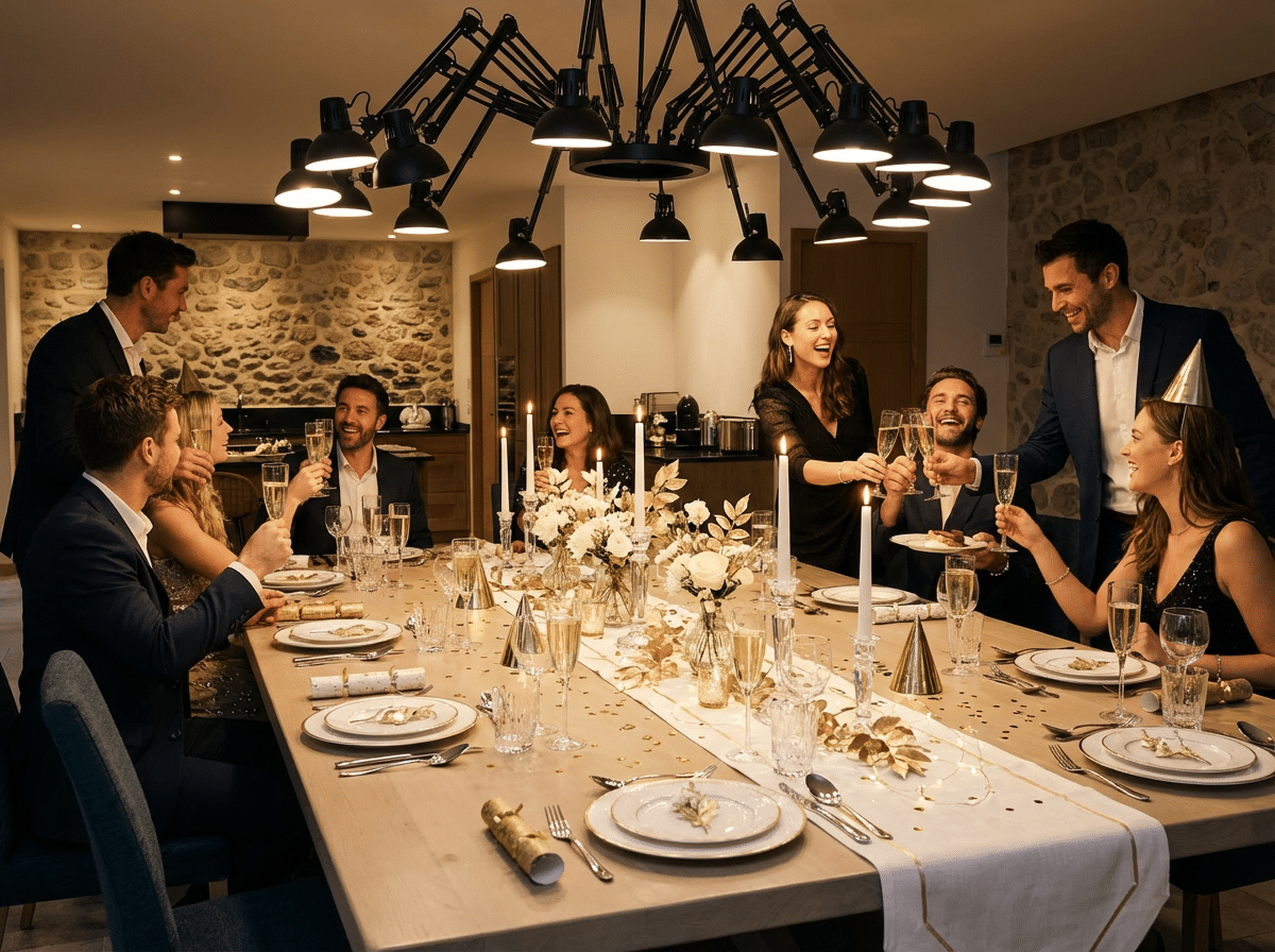 Huit adultes élégants trinquent et rient joyeusement autour d'une longue table festive décorée de bougies, fleurs et cotillons, dans une salle à manger moderne.