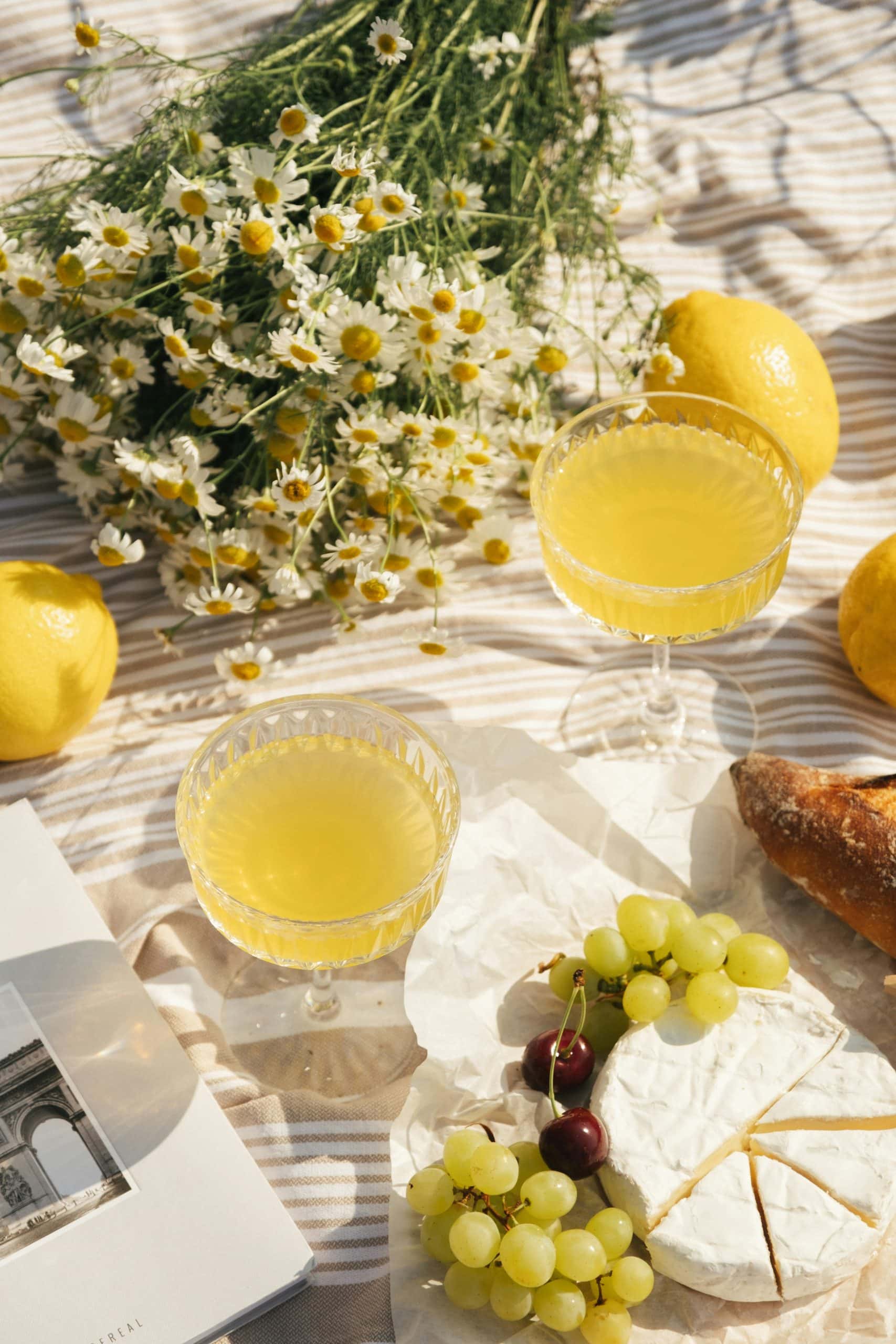 Des aliments et boissons sont disposés pour un pique-nique ensoleillé sur une couverture rayée. Deux verres de boisson jaune, citrons, marguerites, pain, fromage, raisins et cerises. Texte sur un livre : CEREAL.