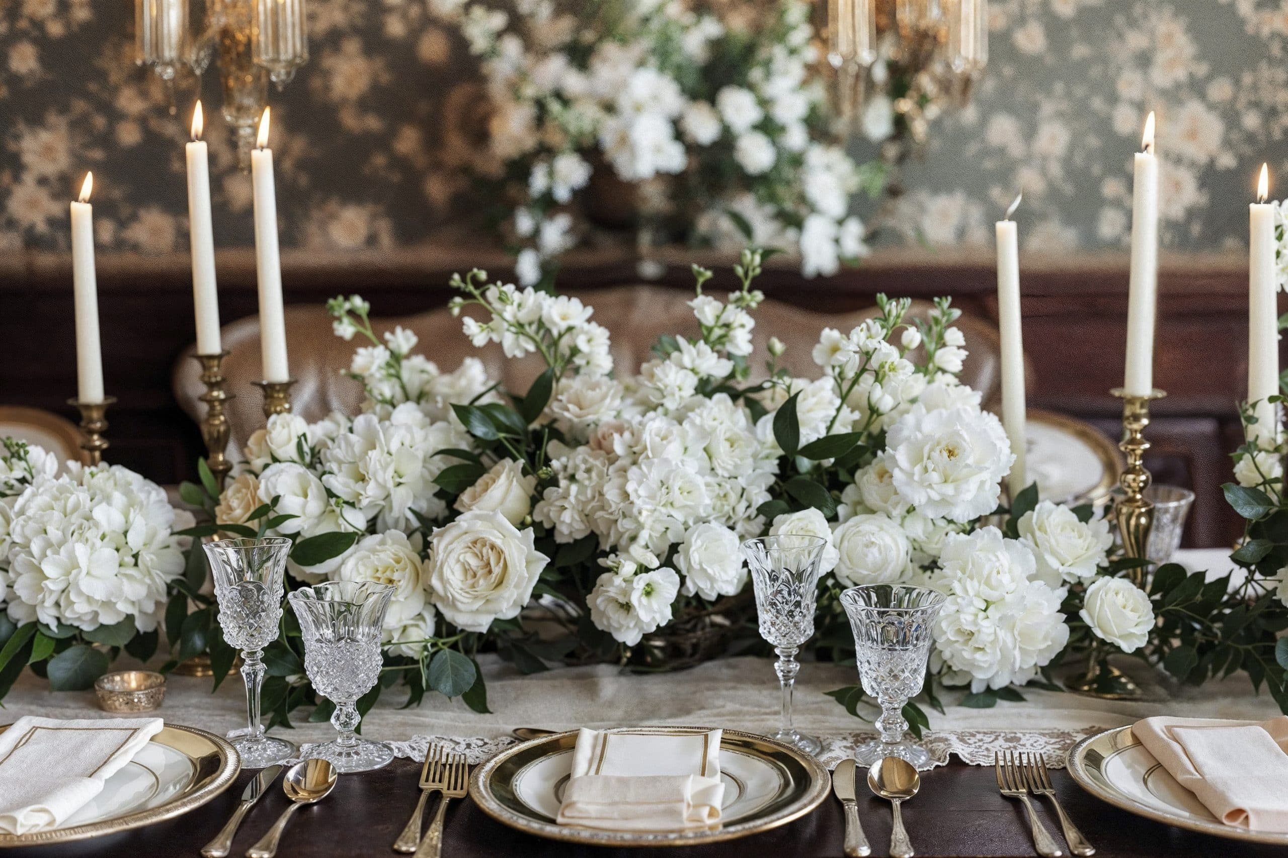 Une longue table est joliment dressée avec un centre de table floral blanc, des bougies allumées et des couverts raffinés. L'arrière-plan flou révèle un décor classique avec un lustre.