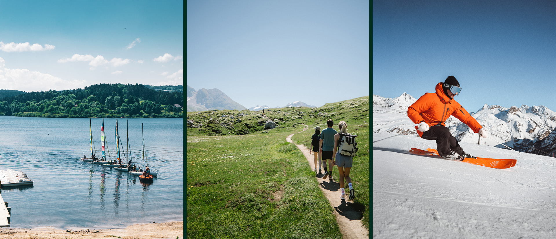 Trois scènes d'activités : des voiliers sur un lac forestier, des randonneurs sur un sentier montagneux verdoyant, et un skieur en descente sur une piste enneigée sous un ciel bleu.